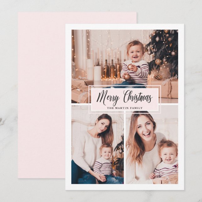 Merry Christmas Photo Collage Blush and White Holiday Card (Front/Back)