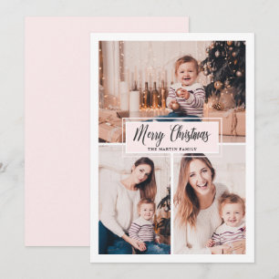 Merry Christmas Photo Collage Blush and White Holiday Card