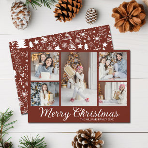 Merry Christmas Photo Collage Chic Burgundy Red Holiday Card