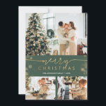 Merry Christmas Photo Collage Classic Green Gold Holiday Card<br><div class="desc">Merry Christmas cards with pictures featuring photo collage, with three (3) images, faux golden foil typography and golden bokeh border, against classic green background. The same border with blurry dots, on green background, adornes the back of this design. Easily personalise with your favourite photos, colours and text. NOTE: to adjust...</div>