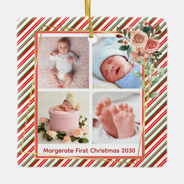 Merry Christmas Photo Collage Cute Custom 2 Sided  Ceramic Ornament (Front)