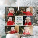 Merry Christmas Photo Collage Cute Custom Gift Glass Tree Decoration<br><div class="desc">This cute,  modern Merry Christmas ornament features a classy layout of 6 family photos on a white background with pretty blue,  red,  and green typography. This beautiful kids photo holiday decor gift features your own child's photograph collage surrounding your festive message and family name in red.</div>