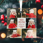 Merry Christmas Photo Collage Cute Personalised Glass Tree Decoration<br><div class="desc">This cute,  modern Merry Christmas glass ornament features a classy layout of 6 family photos on a white background with pretty red and green typography. This beautiful kids photo holiday decor gift features your own child's photograph collage surrounding your festive message and family name in red.</div>