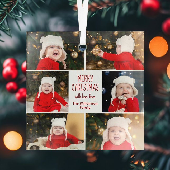 Merry Christmas Photo Collage Cute Personalised Glass Tree Decoration (Creator Uploaded)