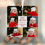 Merry Christmas Photo Collage Cute Red Script Metal Tree Decoration<br><div class="desc">This cute,  modern Merry Christmas metal ornament features a classy layout of 6 family photos on a white background with pretty red typography. This beautiful kids photo holiday decor gift features your own child's photograph collage surrounding your festive message and family name in red.</div>