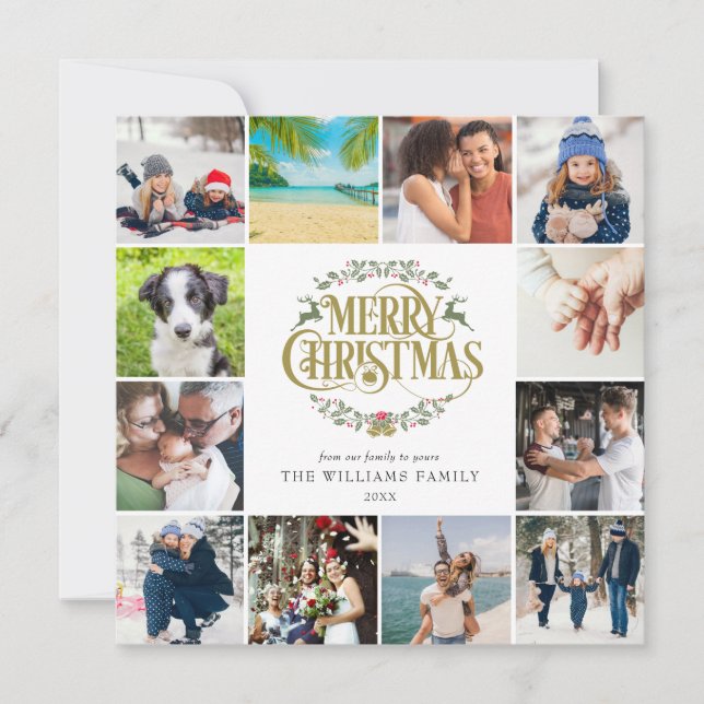 Merry Christmas Photo Collage Gold Script  Holiday Card (Front)