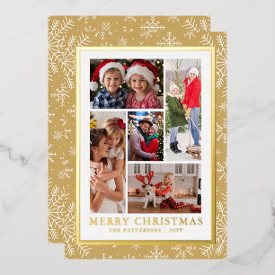 Merry Christmas Photo Collage Gold Snowflake Foil Holiday Card