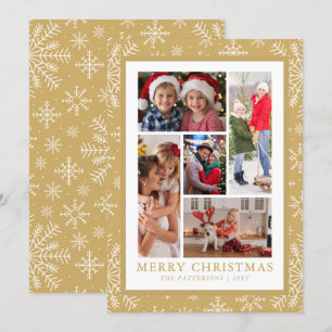Merry Christmas Photo Collage Gold Snowflake Holiday Card