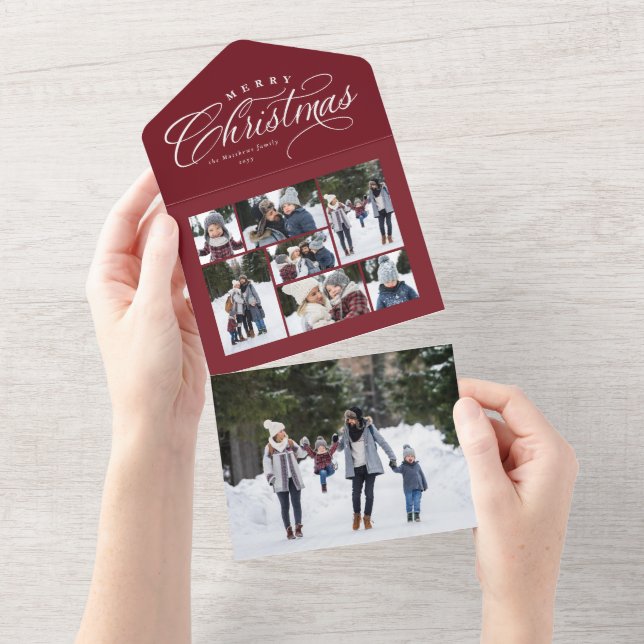 Merry Christmas photo collage maroon red trifold All In One Invitation (Tearaway)
