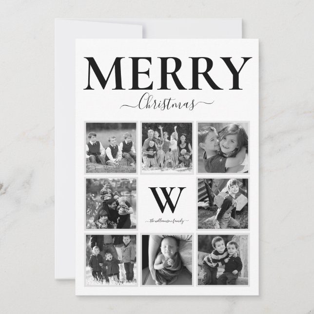 Merry Christmas Photo Collage Monogram Black White Holiday Card (Front)