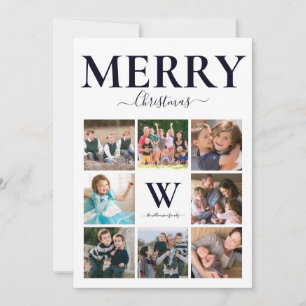 Merry Christmas Photo Collage Monogram Navy White Holiday Card
