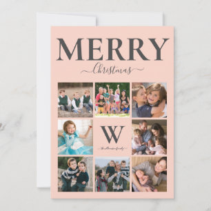 Merry Christmas Photo Collage Monogram Pink Grey Holiday Card