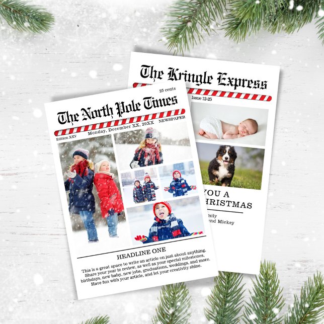 Merry Christmas Photo Collage Newspaper Holiday Card (The North Pole Times Multi photo holiday greeting card.)