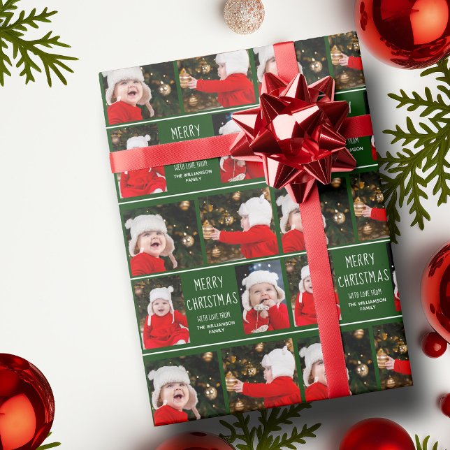 Merry Christmas Photo Collage Personalised Green Wrapping Paper (Creator Uploaded)