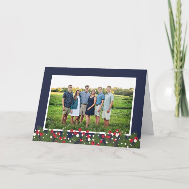 Merry Christmas Photo Collage Pine Branch & Berry Holiday Card (Front)