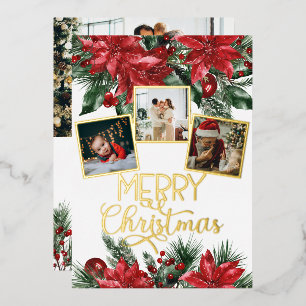 Merry Christmas Photo Collage Poinsettia  Foil Holiday Card