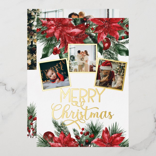 Merry Christmas Photo Collage Poinsettia  Foil Holiday Card (Front/Back)