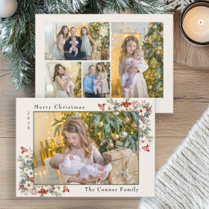 Merry Christmas Photo Collage Poinsettias  Holiday Card