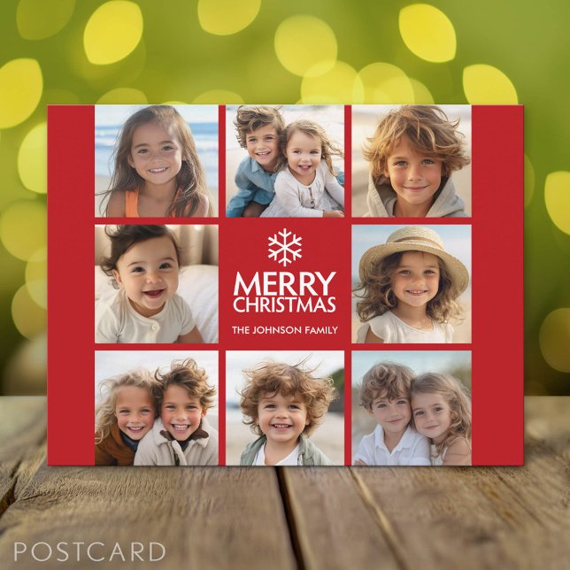 Merry Christmas Photo Collage Red White Holiday Postcard (Holiday Photo Postcard)