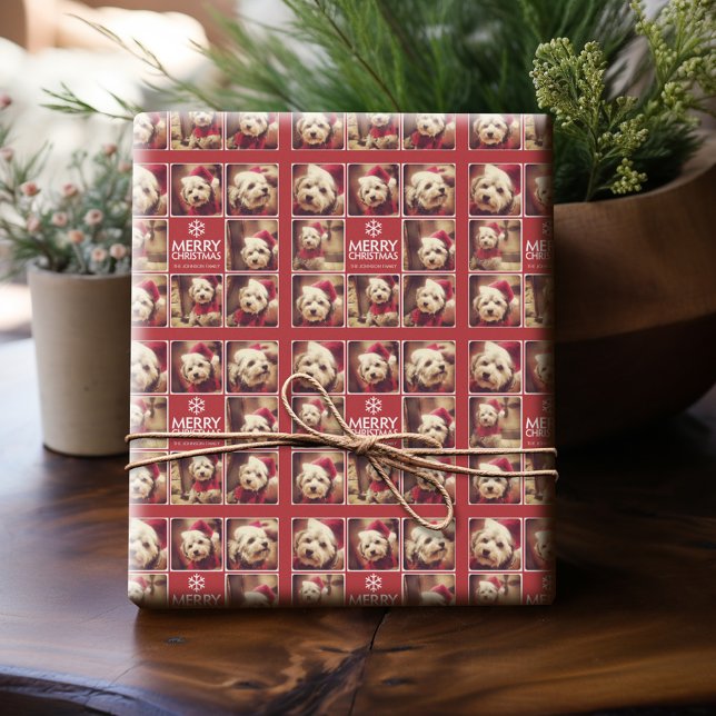 Merry Christmas Photo Collage Red White Wrapping Paper (Personalized Photo Wrapping Paper)