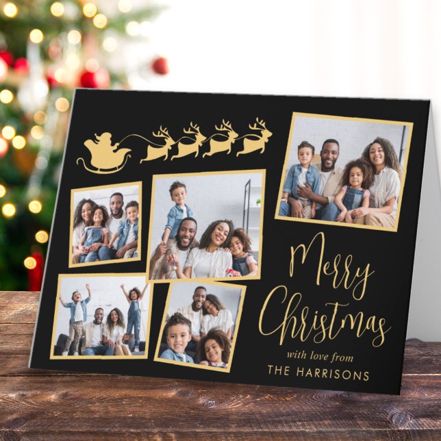 Merry Christmas Photo Collage Santa Sleigh Holiday Card (This holiday season, let the magic of your cherished moments unfold with our 5 photo Christmas card)