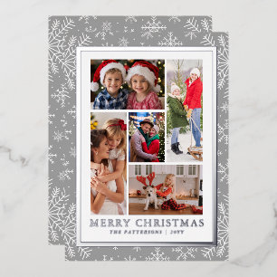 Merry Christmas Photo Collage Silver Snowflake Foil Holiday Card