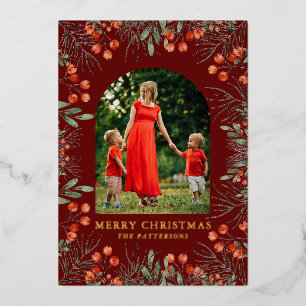 Merry Christmas Photo Collage Watercolor Floral Foil Holiday Card