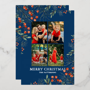 Merry Christmas Photo Collage Watercolor Floral Foil Holiday Card