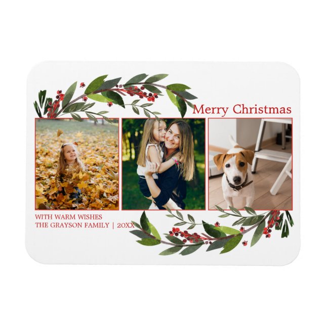 Merry Christmas Photo Collage Watercolor Florals Magnet (Horizontal)