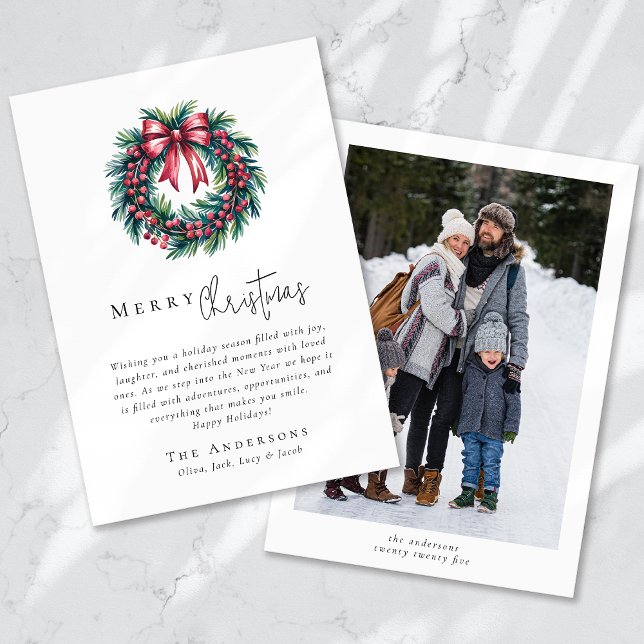 Merry Christmas Photo Coquette Bow Wreath Holiday Card (Creator Uploaded)