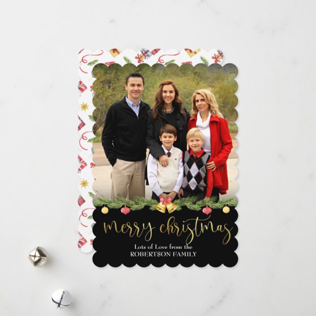 Merry Christmas Photo Decorated Pine Garland Holiday Card (Front/Back In Situ)