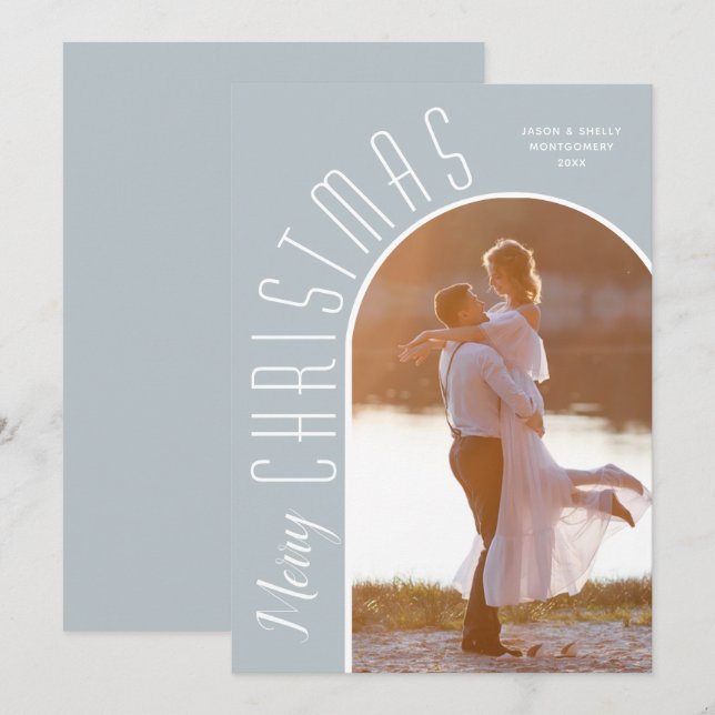 Merry Christmas Photo Dusty Blue Holiday Card (Front/Back)