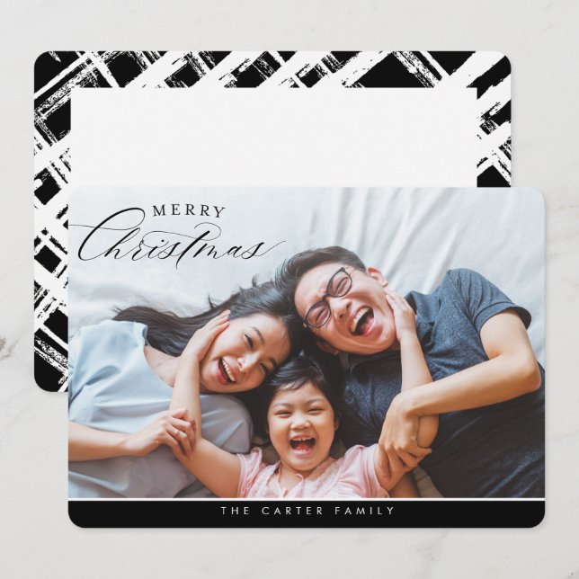 MERRY CHRISTMAS PHOTO elegant calligraphy black Holiday Card (Front/Back)