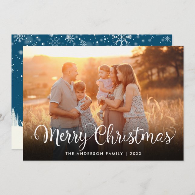 Merry Christmas Photo Elegant Script Winter Scene Holiday Card (Front/Back)