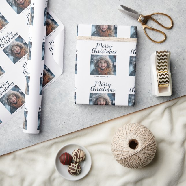 Merry Christmas Photo Family Modern White Holiday Wrapping Paper (Crafts)