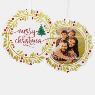 Merry Christmas Photo Faux Gold Wreath Script Tree Decoration Card