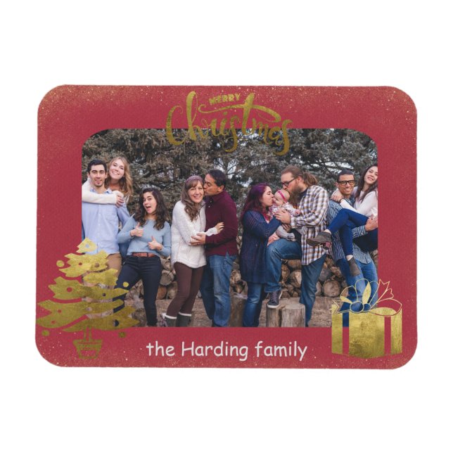 Merry Christmas Photo Frame Gold Accents Magnet (Horizontal)