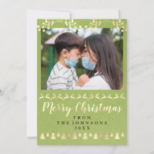 Merry Christmas Photo Gold Smoky Blue Kraft Modern Holiday Card