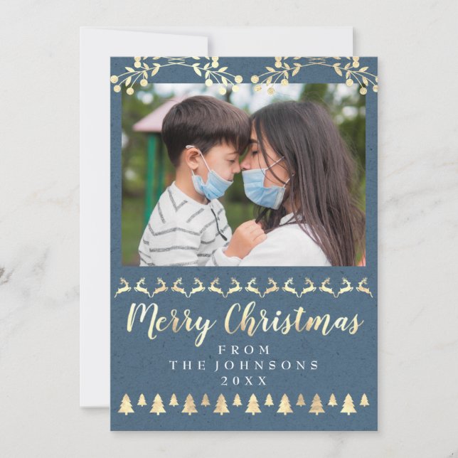 Merry Christmas Photo Gold Smoky Blue Kraft Modern Holiday Card (Front)