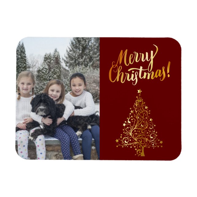 Merry Christmas Photo Gold Tree Magnet (Horizontal)