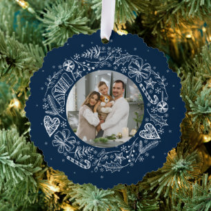 Merry Christmas Photo Gold wreath Tree Decoration Card