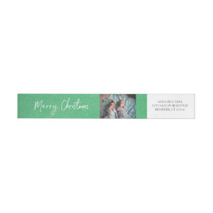 Merry Christmas & Photo Green Snow Custom - White Wrap Around Label