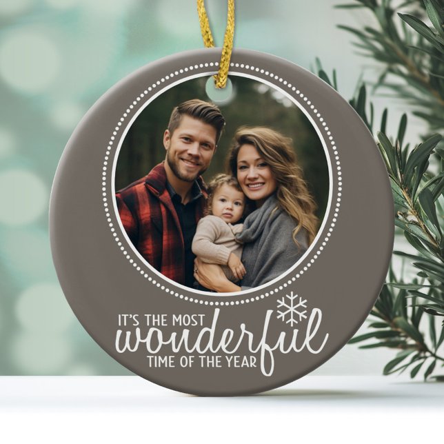 Merry Christmas - Photo Greeting Card Template Ceramic Tree Decoration (A modern photo ornament with a neutral color border and holiday message)