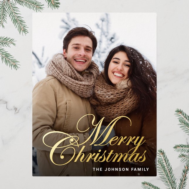 Merry Christmas PHOTO Greeting Gold Foil Holiday Postcard (Customizable Christmas holiday greeting photo card with real foil print.)
