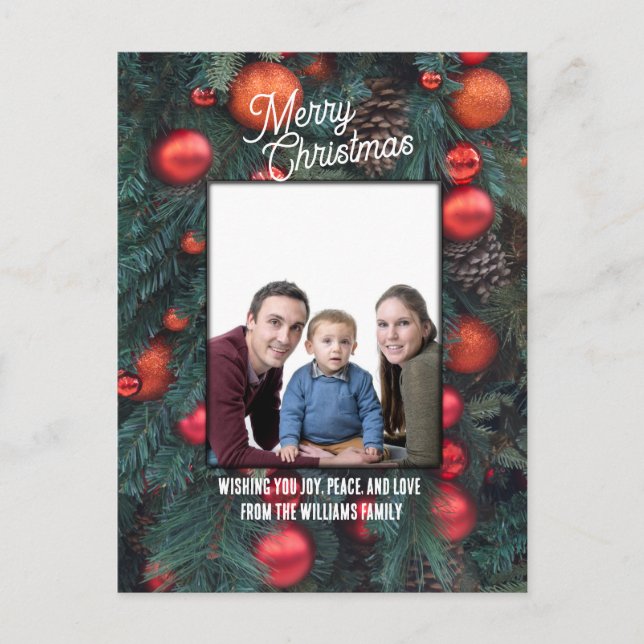 Merry Christmas photo greeting red ornaments  Holiday Postcard (Front)