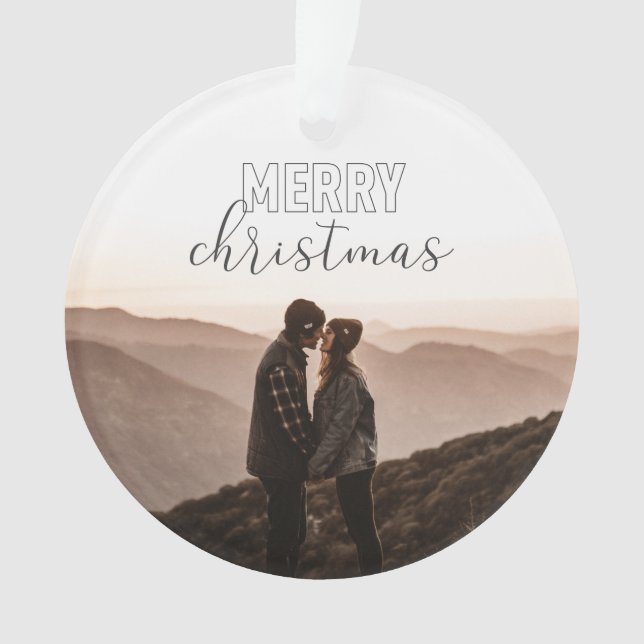 Merry Christmas Photo Grey Buffalo Plaid Ornament (Front)