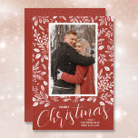 Merry Christmas Photo Holiday Card<br><div class="desc">White berries,  leaves and dots on a rust red background (or any colour to match your photo) accent your favourite photo with your names and greeting in chic lettering at the bottom. Select Matte for heaviest paper and high definition for best print quality. MORE COLORS in our store.</div>
