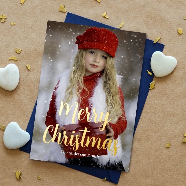 Merry Christmas Photo Holiday Real Gold  (Enhance holiday wishes with our photo card, featuring "Merry Christmas" in gold foil for added charm)
