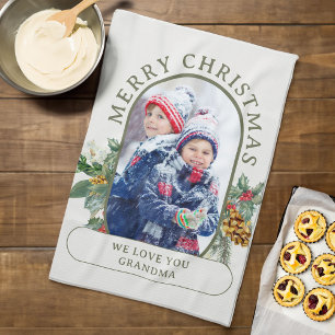 Merry Christmas Photo Holly and Pine Personalized Tea Towel