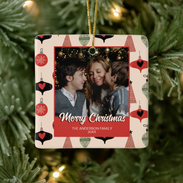 Merry Christmas Photo Mid Century Modern Ceramic Ornament (Tree)